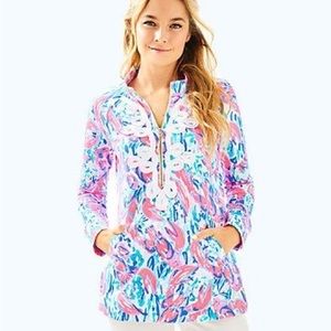 Lilly Pulitzer Skipper Popover Tunic Cosmic Coral Cracked Up Blue Small